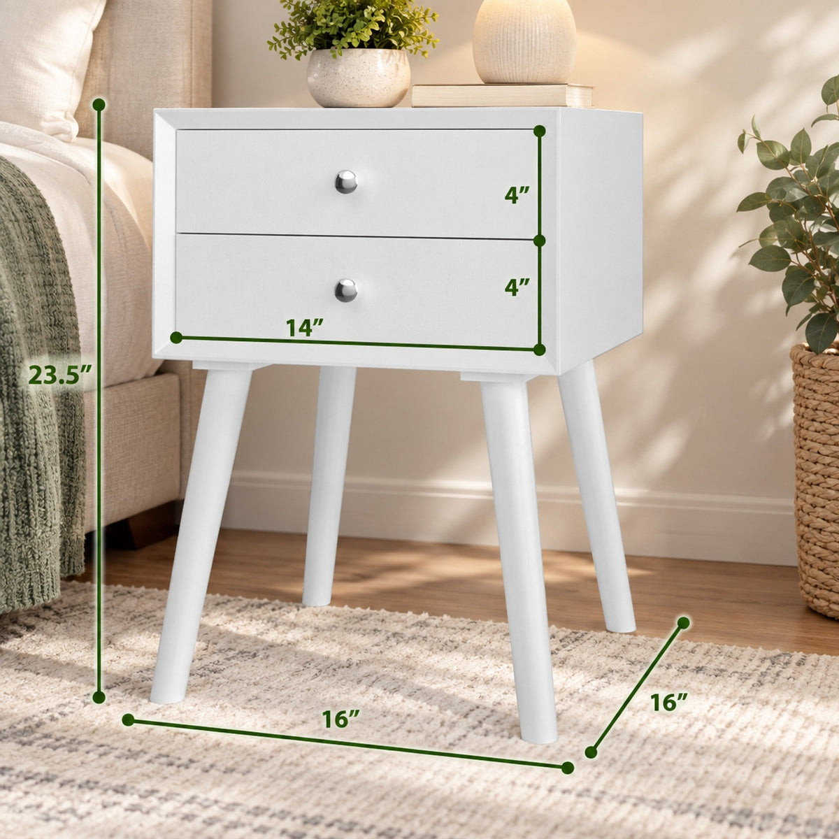 Airfind Wooden Nightstand Mid-Century End Side Table with 2 Storage Drawers, 165 lbs Capacity, Rubber Wood Frame, White