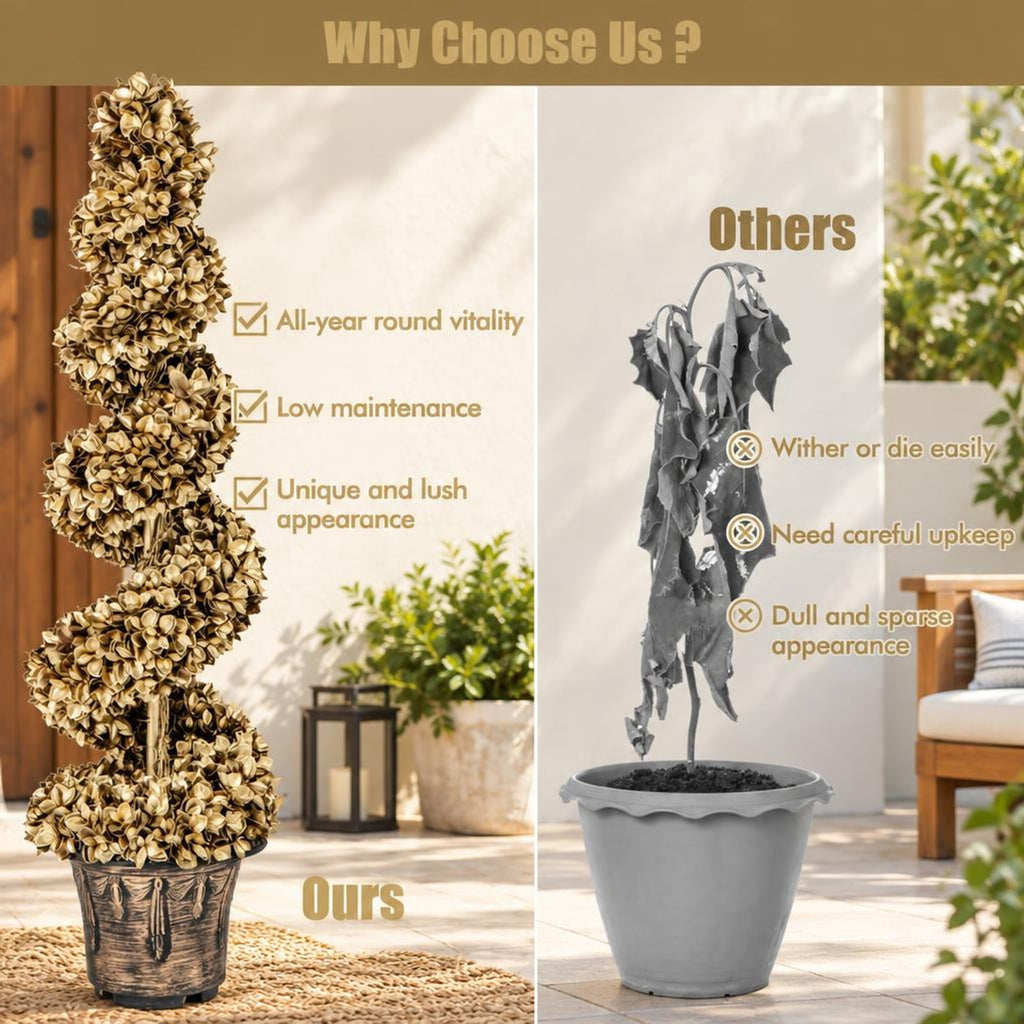 Airfind 4 FT Artificial Topiary Spiral Tree Set of 2 with Vintage Plastic Nursery Pot, PE Metal Cement Foam Tree Height 47 Flower Pot Frame, Gold