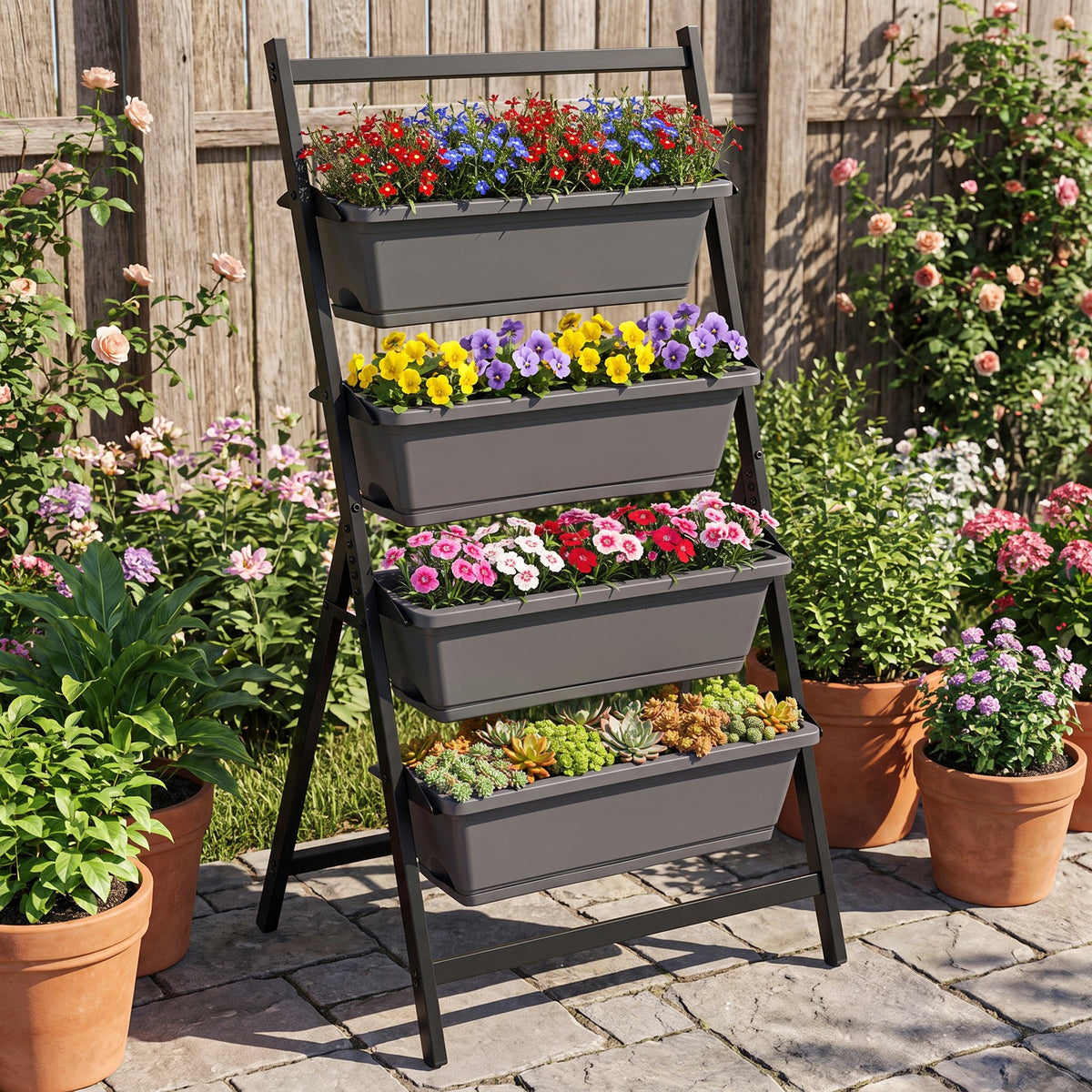 Airfind 4-Tier Vertical Raised Garden Bed with 4 Containers and Drainage Holes, Plastic Metal Frame, 26 x 20 x 49 Footprint, Black