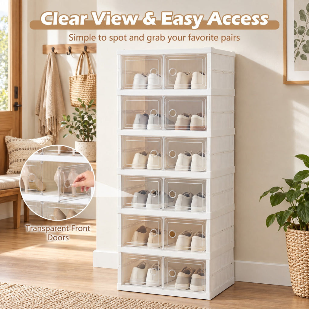 Airfind 6-Tier Shoe Organizer with Clear Doors and Portable Design for 12 Pairs, PP Frame, 17.5in x 13.5in x 42.5in Footprint, White