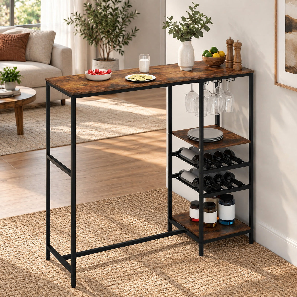 Airfind Long Bar Table Bar Height Dining Table with Storage Shelves, 190 Lbs Capacity, Engineered Wood Metal, 48 Inch X 16 Inch X 41.5 Inch, Brown