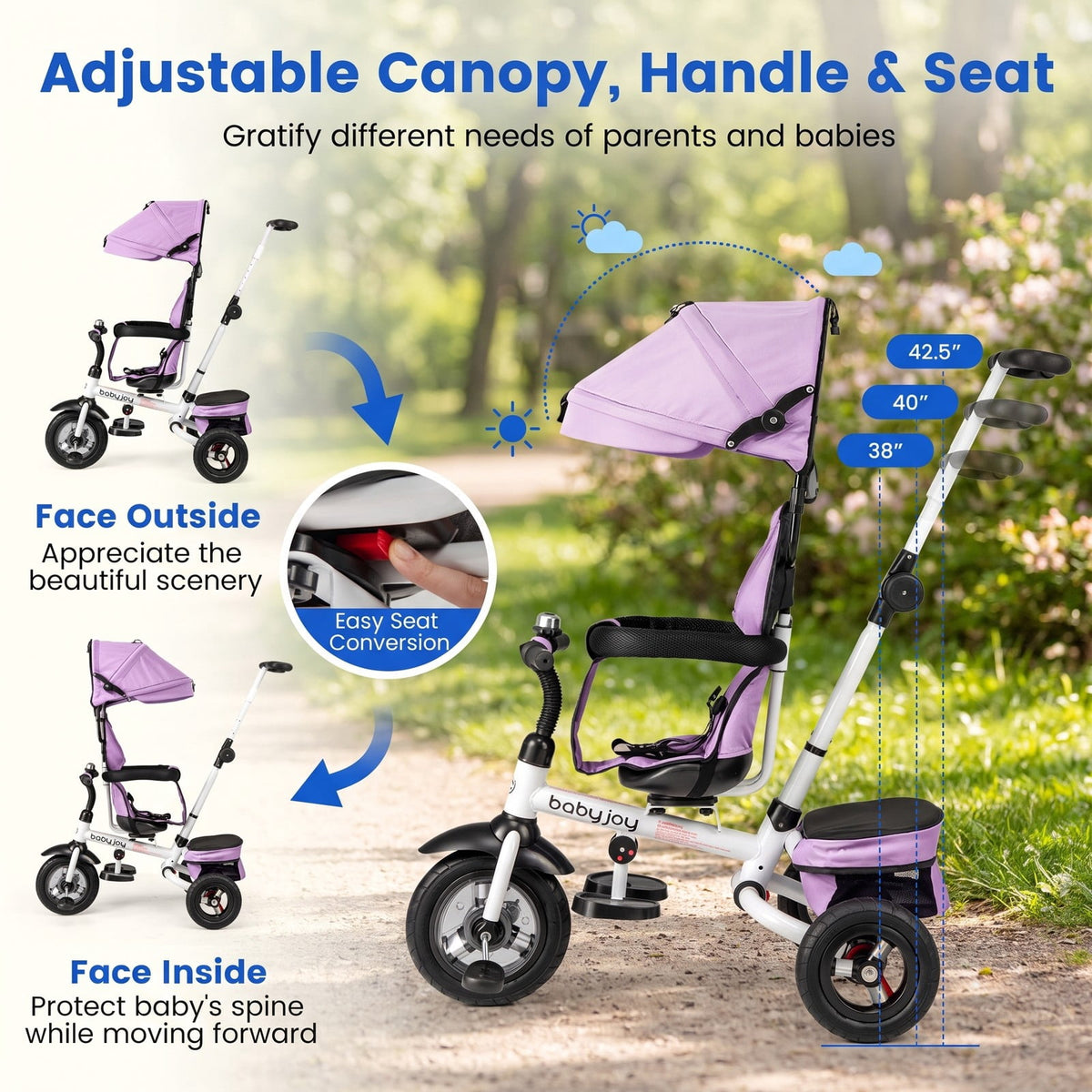 Airfind Folding Tricycle Baby Stroller with Reversible Seat and Adjustable Canopy, 55 lbs Capacity, Metal PP Linen Fabric Rubber Frame, Pink