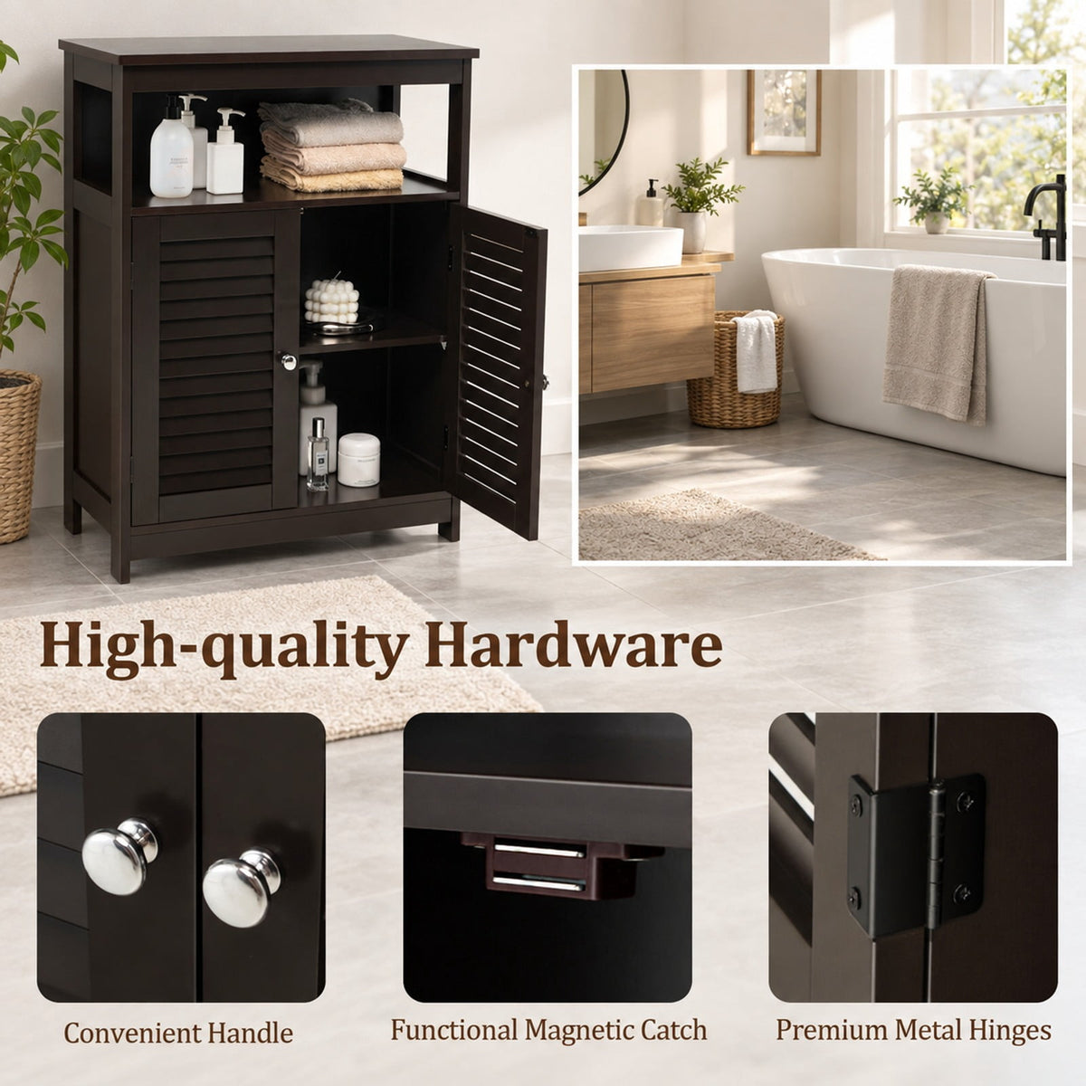Airfind Wood Freestanding Bathroom Storage Cabinet with Double Shutter Door, 77 lbs Capacity, P2 MDF Frame, 23.5in x 12in x 31.5in Footprint, Brown