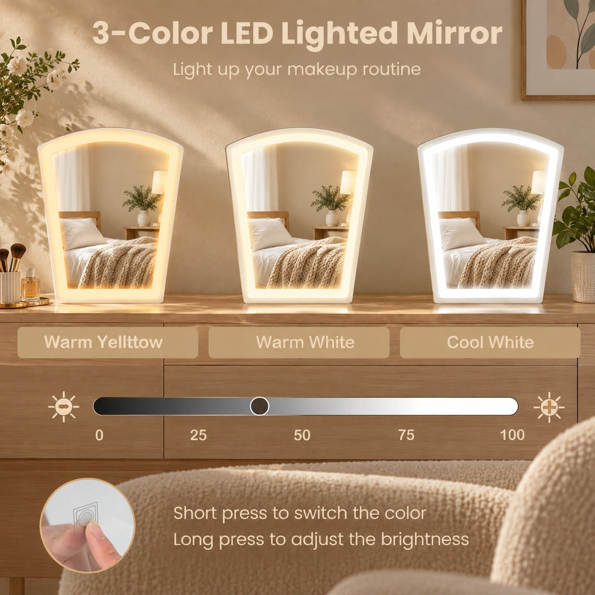 Airfind Vanity Desk Set with 3-Color Adjustable LED Lighted Mirror and Drawers, 110 lbs Capacity, P2 MDF Frame, 27in x 15.5in x 52in Footprint, White