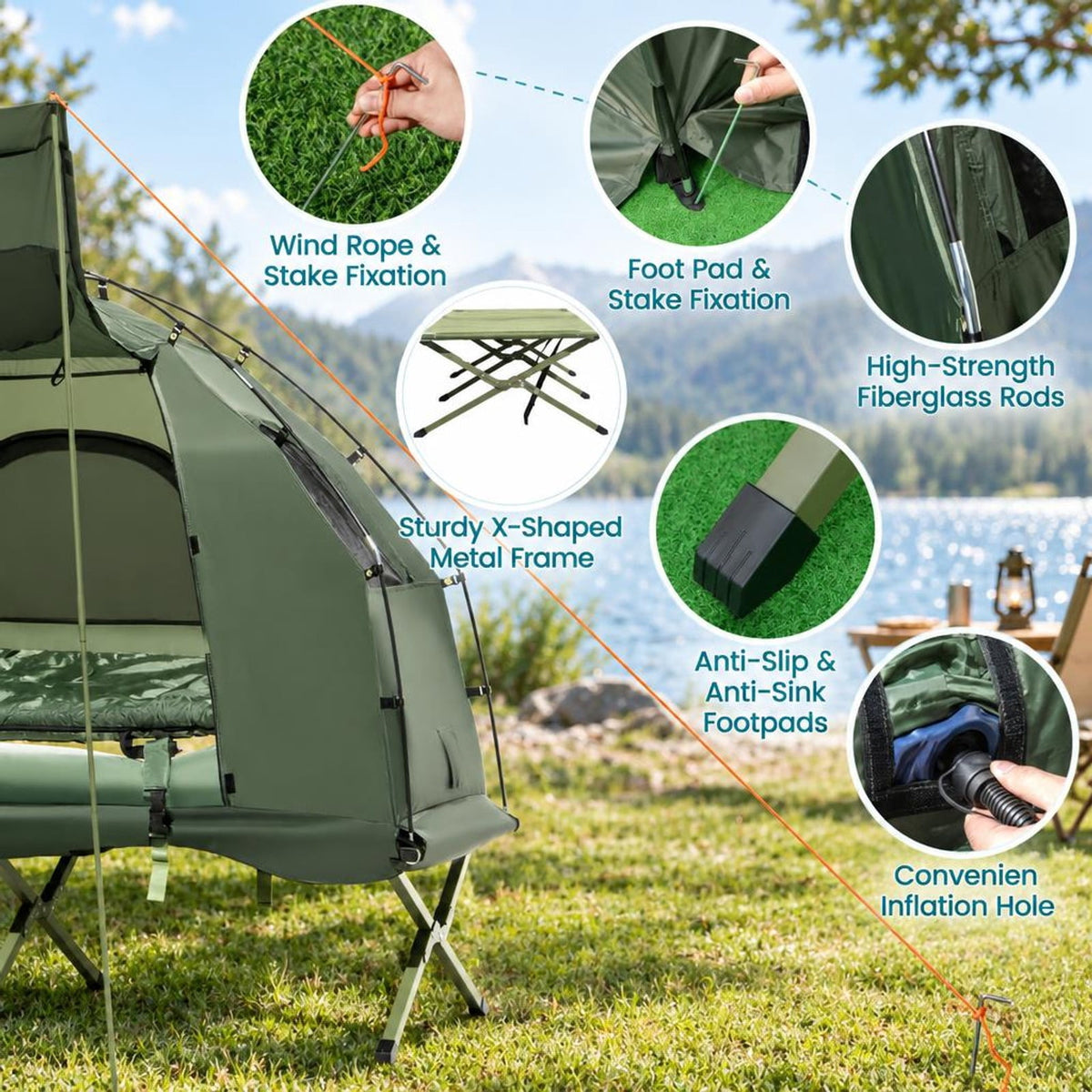 Airfind 1-Person Folding Camping Tent with Sunshade and Air Mattress, 300 lbs Capacity, 77 Inch x 35 Inch x 66 Inch Footprint, Green