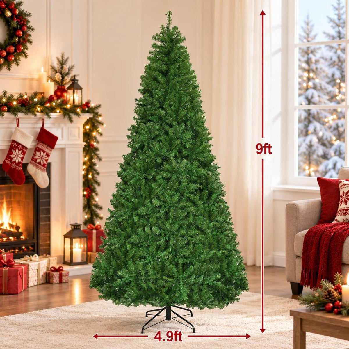 Airfind Artificial Premium Hinged Christmas Tree-9 Feet, PVC Frame, 0.9in x 1.6in x 2in Footprint, Green Adapter: UL-certified