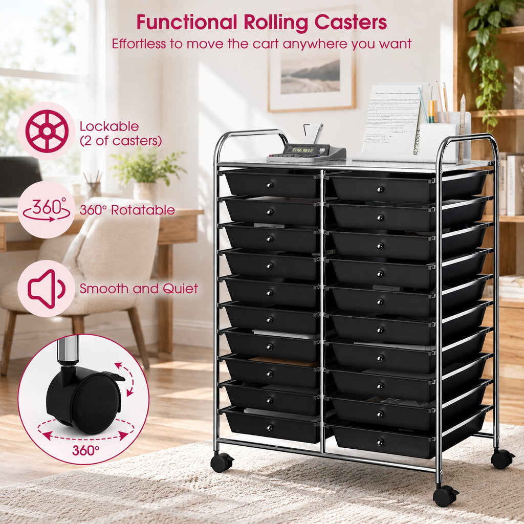 Airfind 20 Drawers Storage Rolling Cart Studio Organizer, Steel Frame, 25 Inch x15 Inch x 34 Inch Footprint, Black