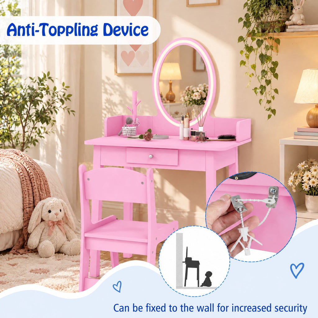 AIRFIND Kids Vanity Table and Chair with Lighted Acrylic Mirror, Drawer and Jewelry Organizer, Removable Mirror for Ages 3-8, Pink