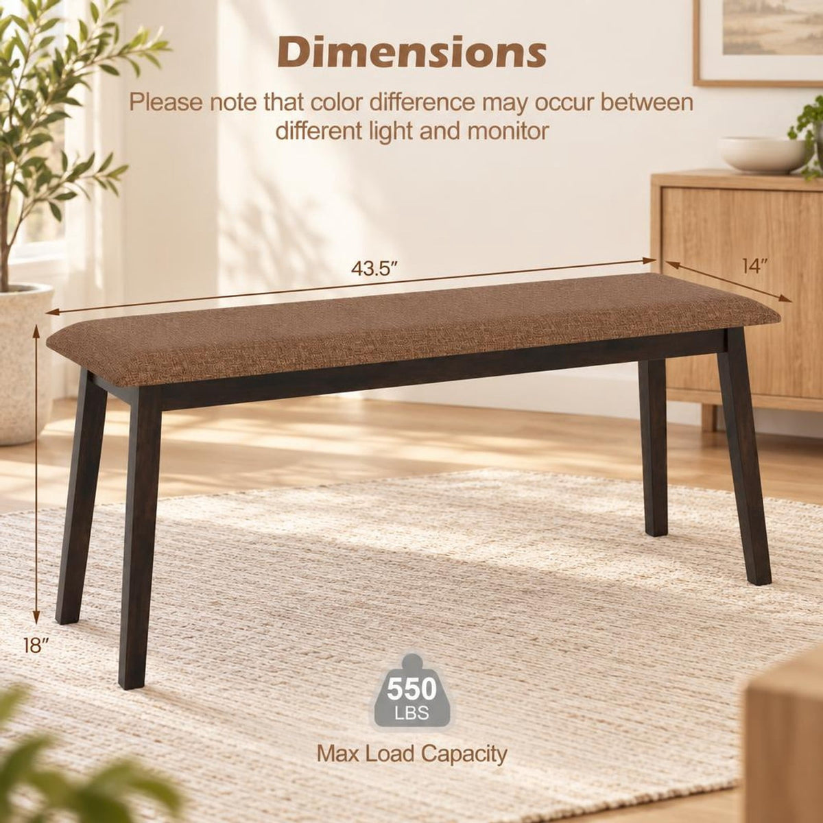 Airfind 43.5 Inch Upholstered Entryway Bench with Rubber Wood Frame, 550 lbs Capacity, Faux Linen Fabric Frame, 43.5 Inch x 14 Inch x 18 Inch Footprint, Brown
