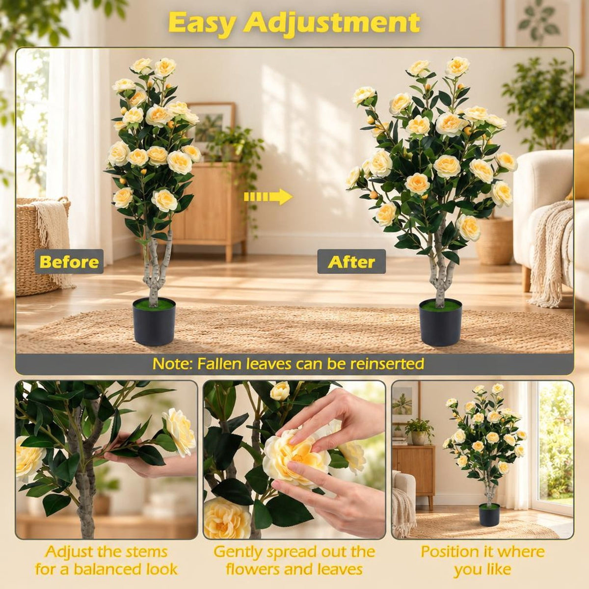 Airfind Set of 2 39.5 Artificial Camellia Tree with Cream Yellow Blossoms in Cement Pot for Decoration, PP Cement PE Fabric Frame, Cream Yellow