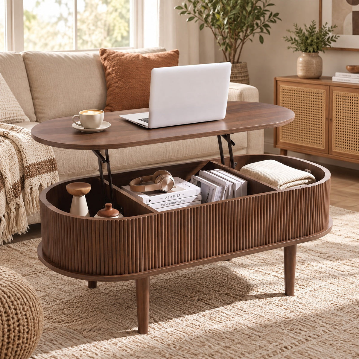 Airfind 43.5 Inch Oval Lift Top Coffee Table with Storage and Fluted Design for Living Room, 200 lbs Capacity, Engineered Wood Solid Wood Frame, Walnut