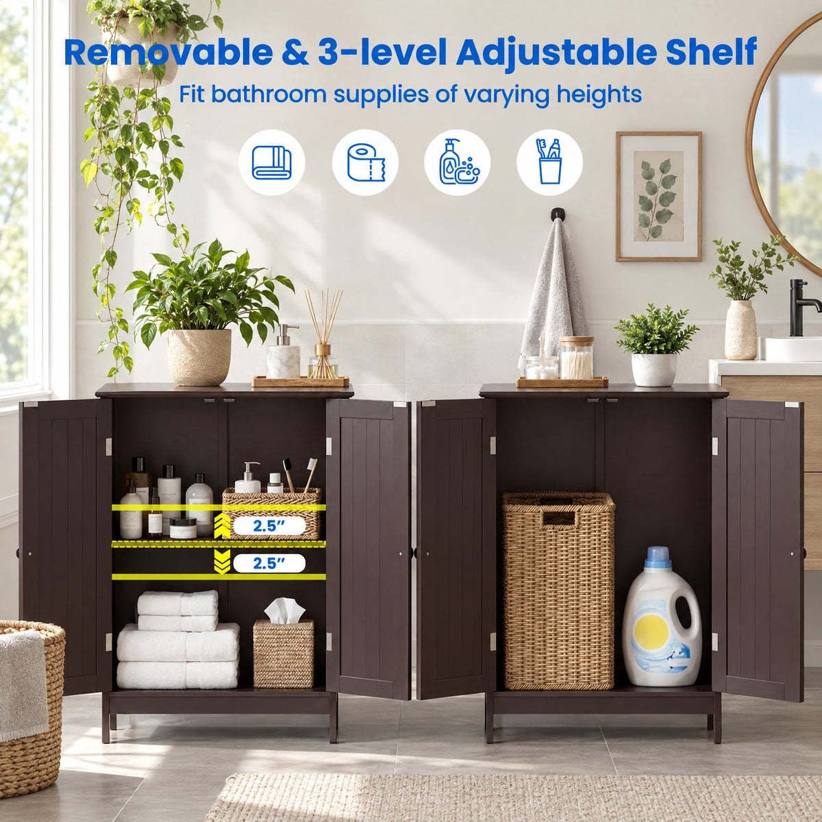 Airfind Bathroom Floor Storage Double Door Cupboard Cabinet, 22 lbs Capacity, MDF Frame, 24in x 14in x 34.5in Footprint, Brown