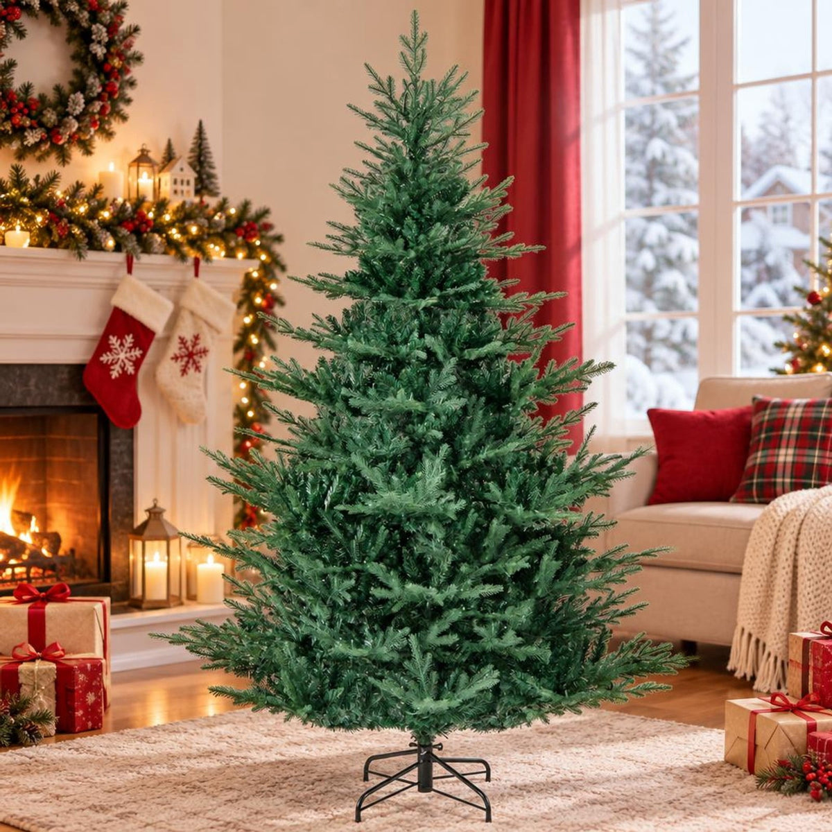 Airfind Artificial Christmas Tree with Branch Tips and Warm White LED Lights-7 Feet, White, Folding metal stand with protective foot pads