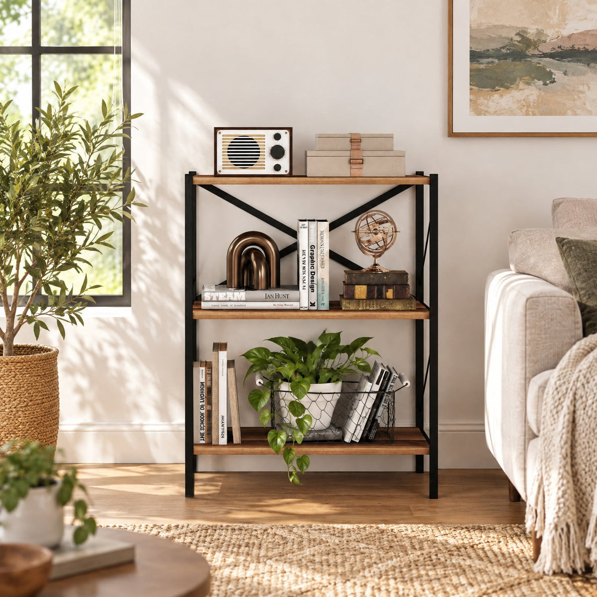 Airfind 3-Tier Bookshelf with Heavy, 5.5 lbs Capacity, Metal Engineered Wood Frame, Walnut, Product Dimensions 26 x 14 x 33.5 Spa