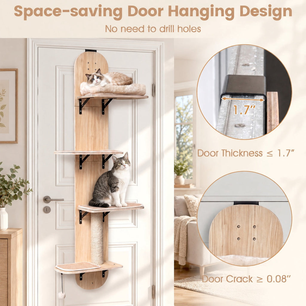 Airfind Door Hanging Cat Climber 4-level Height Adjustable with Plush Bed, 11 lbs Capacity, Solid Plywood Jute Rope Plush Fabric Frame, Beige