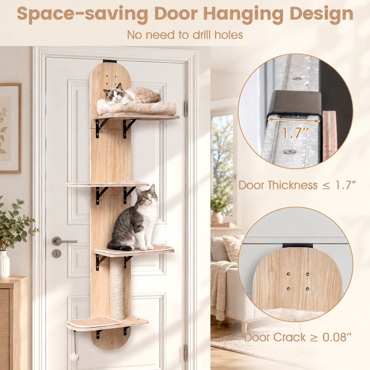 Airfind Door Hanging Cat Climber 4-level Height Adjustable with Plush Bed, 11 lbs Capacity, Solid Plywood Jute Rope Plush Fabric Frame, Beige