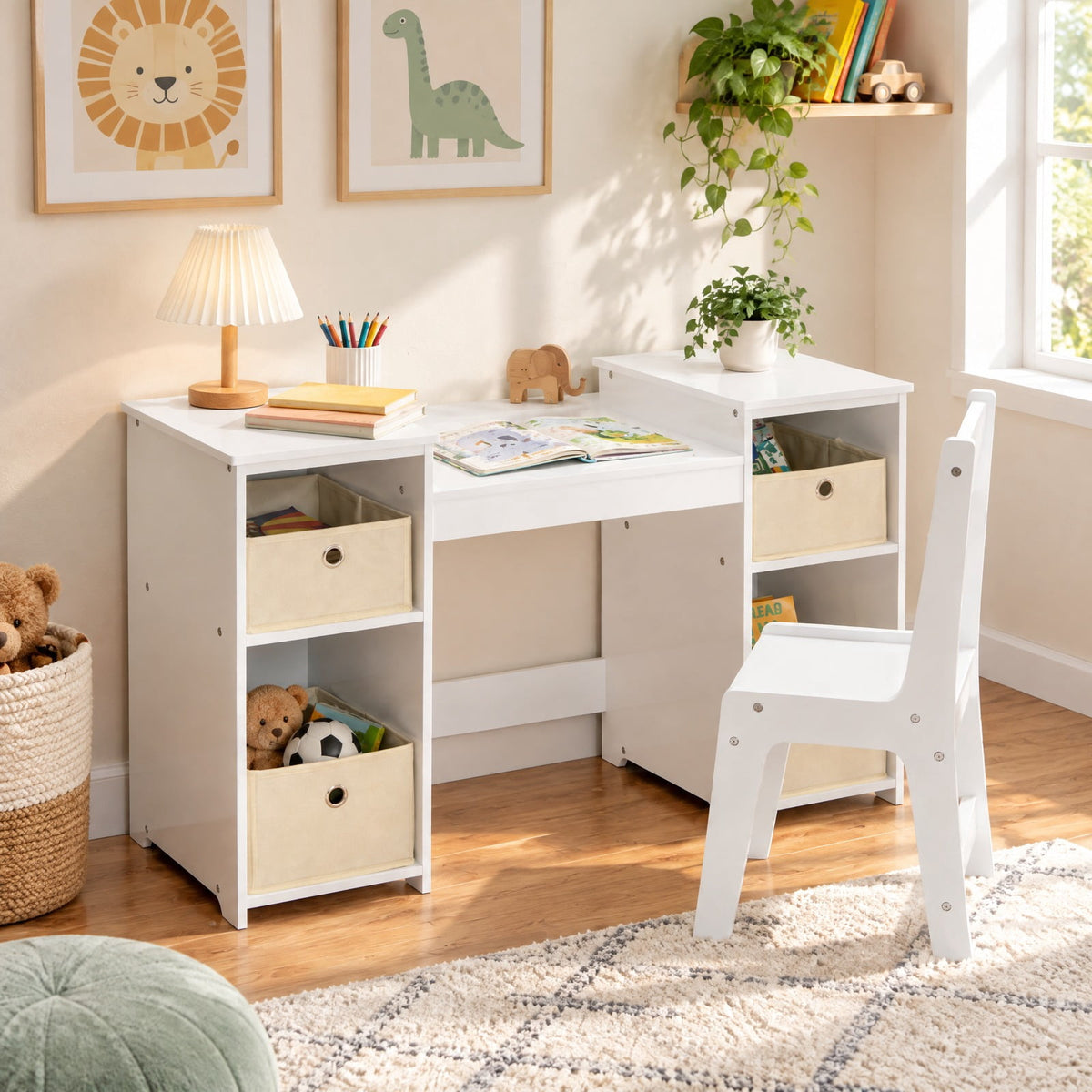 Airfind Kids Vanity Table and Chair Set with Removable Mirrors and 4 Storage Bins, 220 lbs Capacity, MDF Frame, for 3+ Years Old, White