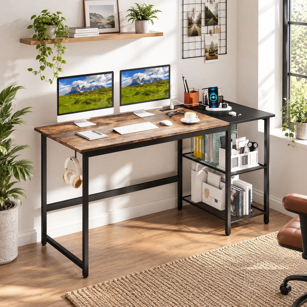 Airfind 59 Inch Home Office Computer Desk with Removable Storage Shelves, 275 lbs Capacity, Metal Engineered Wood Frame, 59 x 24 x 30 Footprint