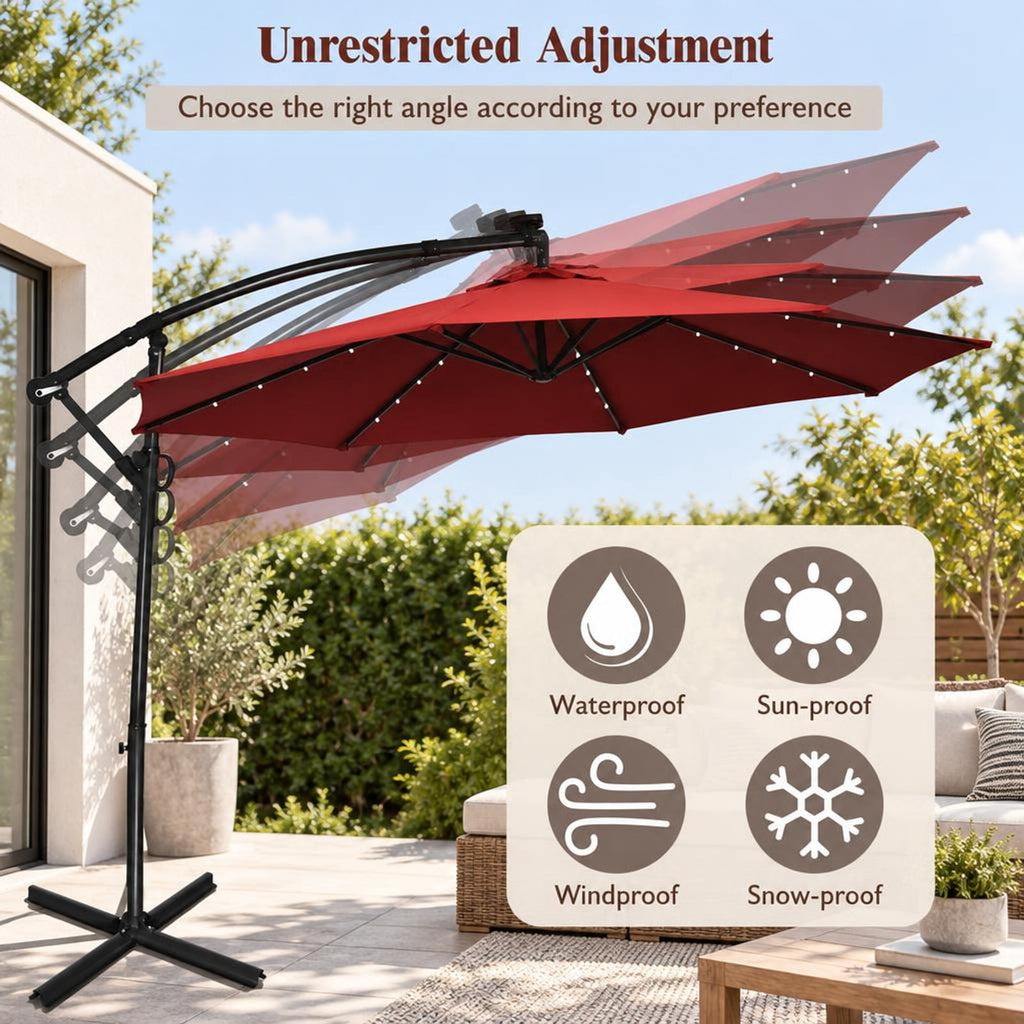 Airfind 10 ft 360° Rotation Solar Powered LED Patio Offset Umbrella without Weight Base, Steel aluminum polyester fabric Frame, 10 x 7.5 Footprint