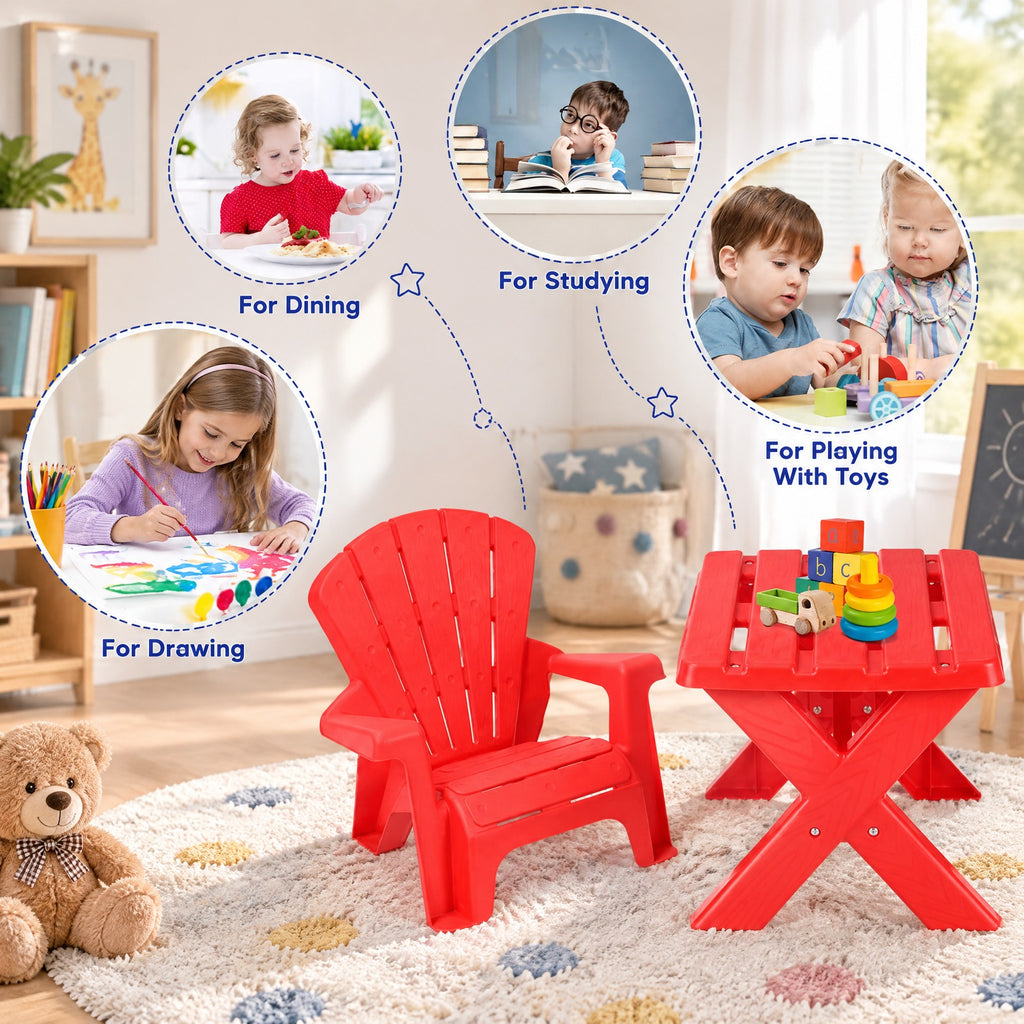 Airfind Plastic Youth Play Table, 3-Piece, Chair Set, 22 lbs Capacity, PP Frame, Durable construction lasts for years, Red