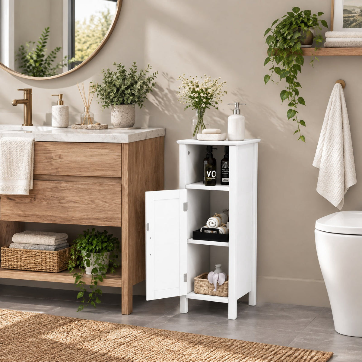 Airfind 1-Door Freestanding Bathroom Cabinet with Open Shelf, 66 lbs Capacity, MDF Frame, 12in x 12in x 31.5in Footprint, White