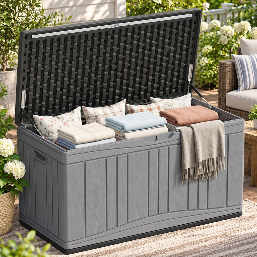 Airfind 80 Gallon Outdoor Deck Box with Lockable Lid for Garden Tools Cushions, 45 x 22 x 24Inner Footprint, Gray