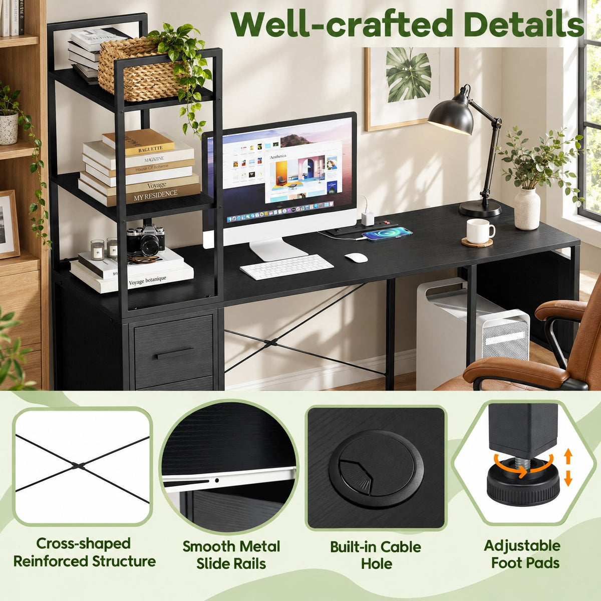 Airfind Office Desk with LED Lights and Power Outlets Computer Desk with Open Shelves, 200 lbs Capacity, Engineered Wood Metal Fabric Frame, Black