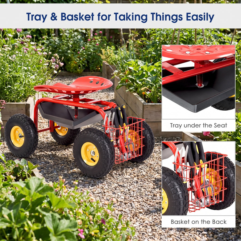 Airfind Red/Green Garden Cart Rolling Work Seat With Heavy Duty Tool Tray Gardening Planting, 33 x 16 x 22 Footprint, Red