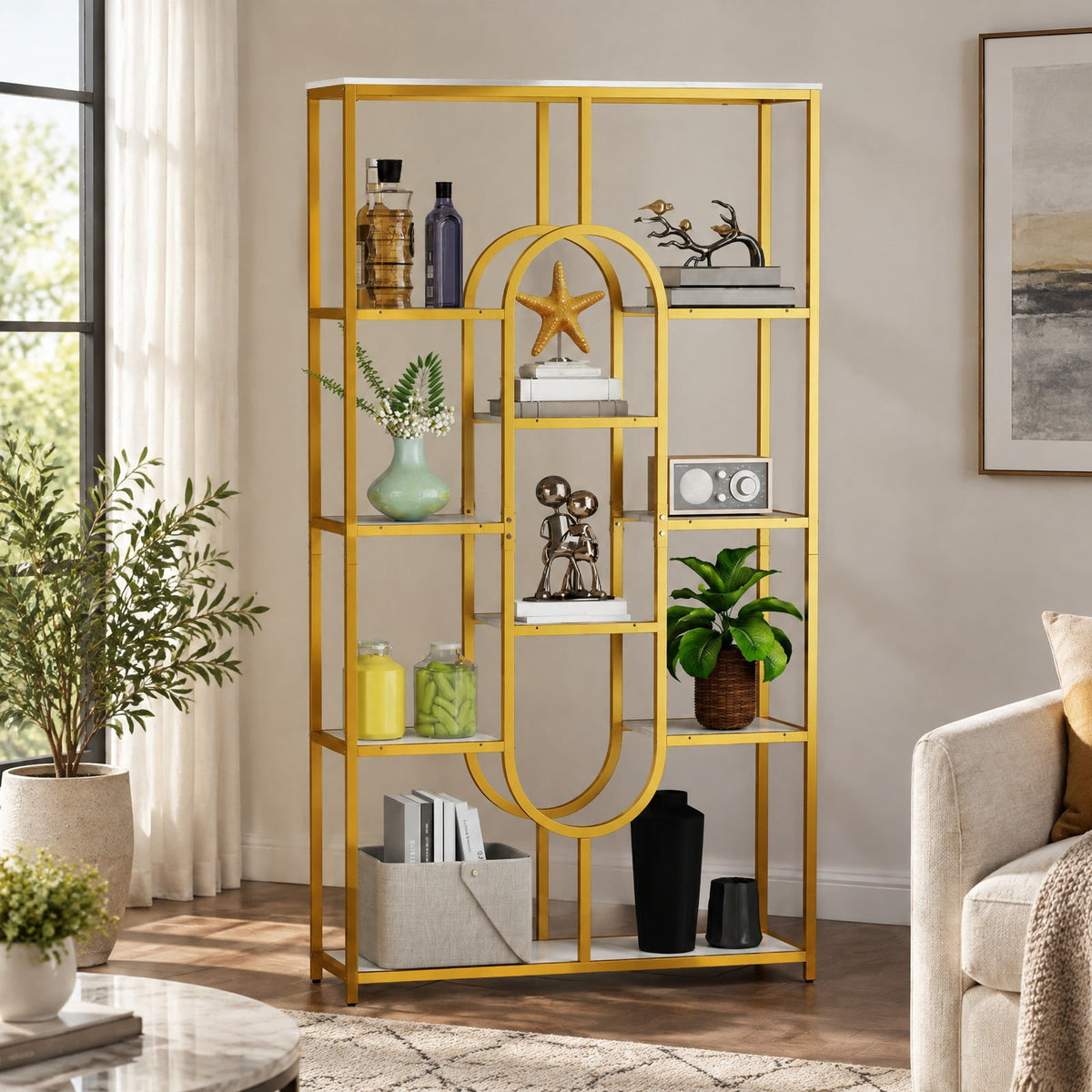 Airfind 5-Tier Tall Etagere Bookcase with Open Storage Shelves, 88 lbs Capacity, Metal Engineered Wood Frame, White
