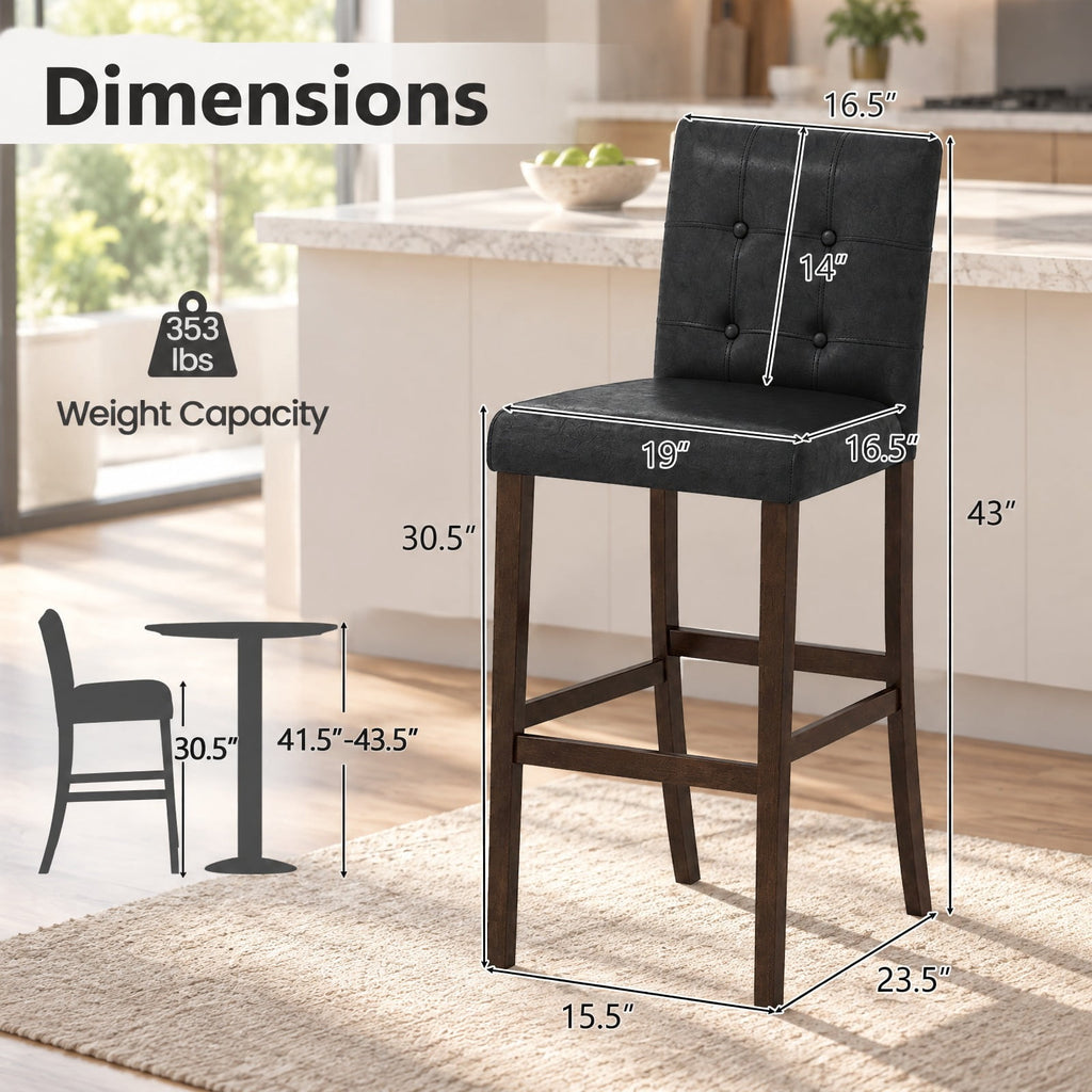 Airfind Set of 2 PVC Dining Leather Bar Stools with Solid Wood Legs-29 inches, 243 lbs Capacity, PVC rubber wood Frame, 18.5 Inch x 21 Inch x 39 Inch Footprint