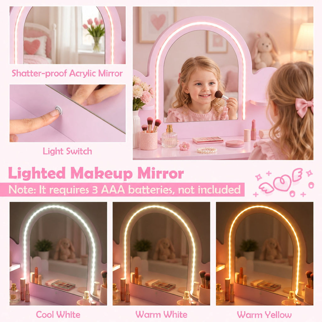 Airfind Pretend Personal Dressing Table Set with 2 Small Shelves and Compartments, 90 Lbs Capacity, Engineered Wood, for 3 and Years Old, Pink