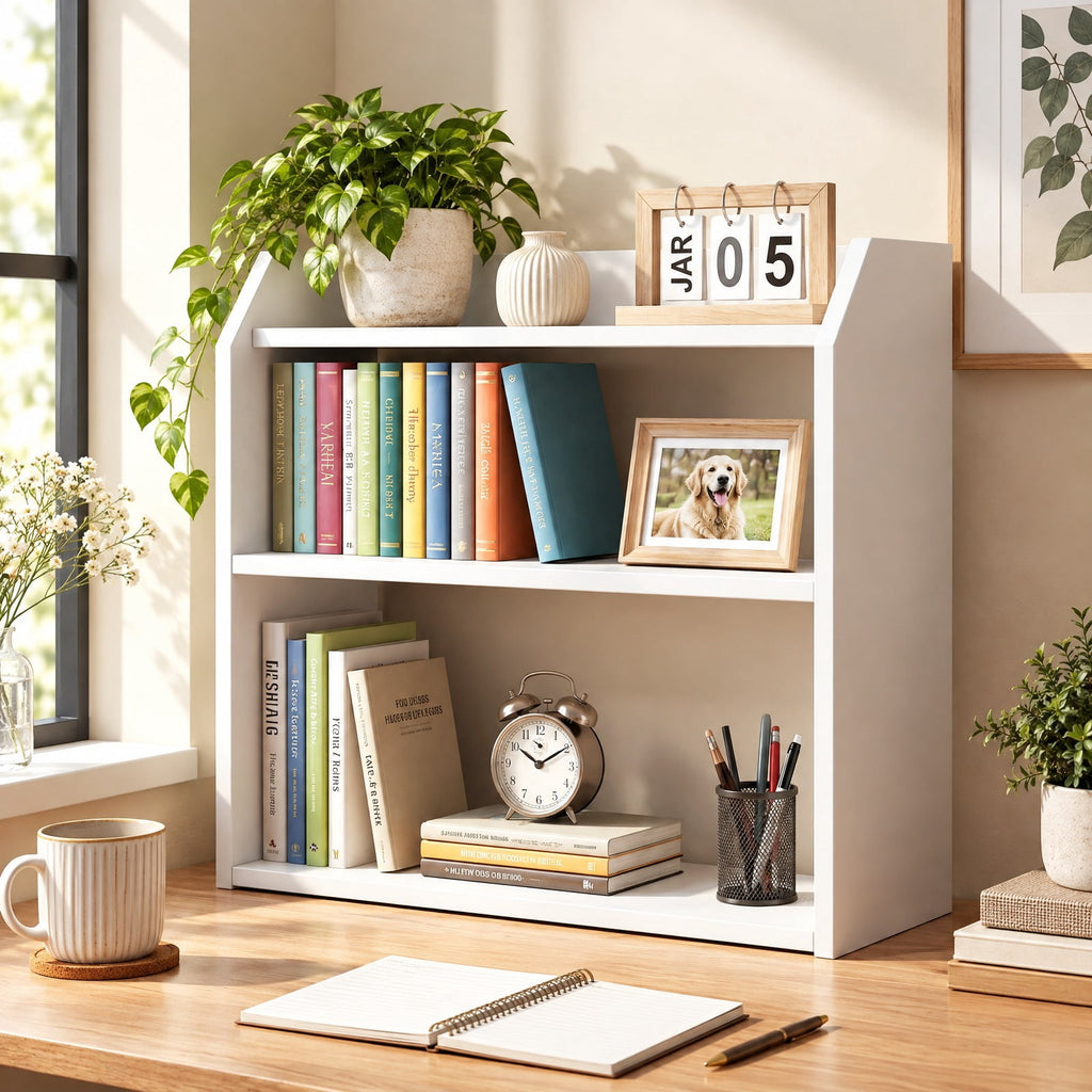 Airfind 3-Tier Desktop Bookshelf Wooden Countertop Bookcase with Raised Top Guardrails, 33 lbs Capacity, Engineered Wood Frame, White