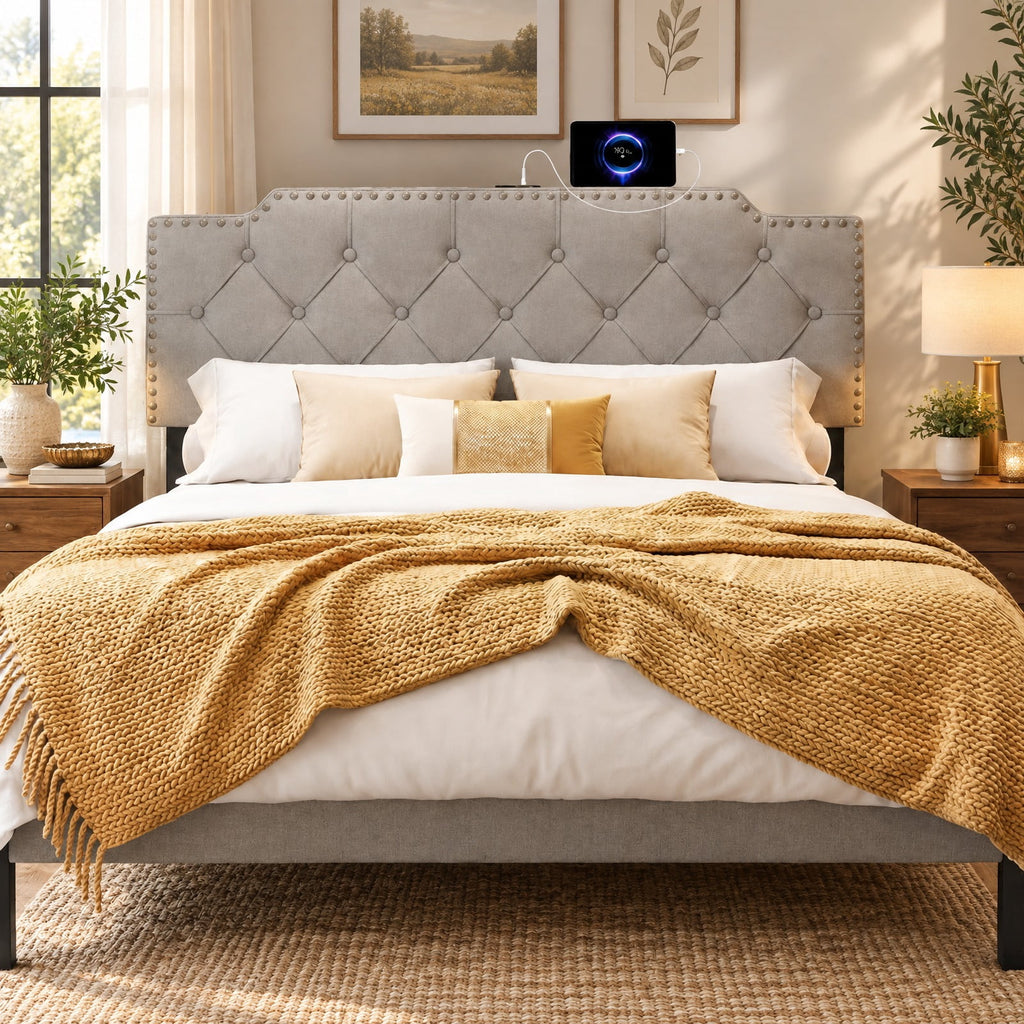 Airfind Headboard for Queen and Full Size Bed Rivet Tufted Upholstered Head Board, Rubber Wood Polyester Sponge MDF Frame, 63 x 4 x 45 Footprint