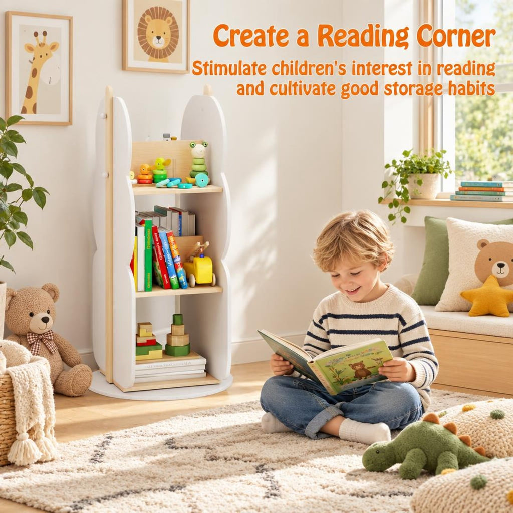 Airfind 360° Kids Rotating Bookshelf Toy Storage Organizer with 5 Shelves, Engineered Board Frame, White