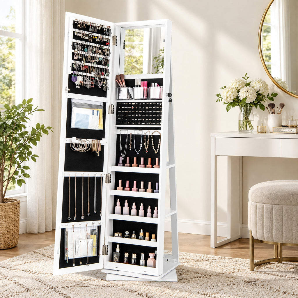 Airfind 360° Swivel Jewelry Armoire Standing Jewelry Organizer with Full Length Mirror and Back Shelves, MDF Glass Frame, White