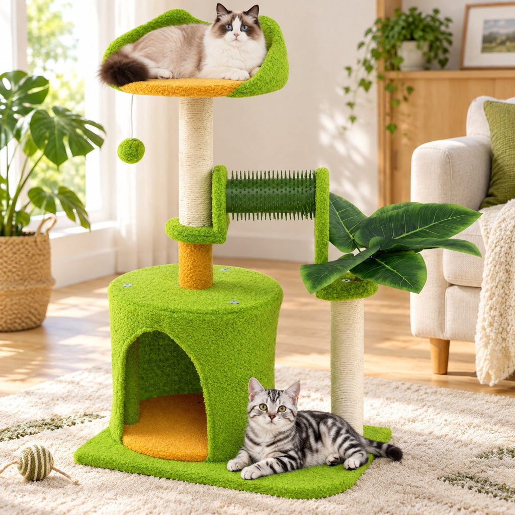 Airfind Cute Palm Cat Tree, for Indoor Cats with Artificial Leaves, Engineered Wood EVA Sisal Teddy Fleece Frame, 19 Inch x 13 Inch x 31 Inch Perch, Green