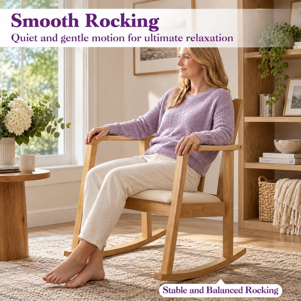 Airfind Wooden Rocking Chair with Upholstered Seat and Ladder Back for Living Room, 400 lbs Capacity, Rubber Wood Faux Leather/Fabric Sponge Frame