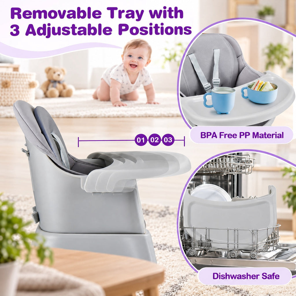 Airfind 6-in-1 Convertible Youth High Chair featuring Adjustable Removable Tray, 55 lbs Capacity, PP PU Fabric Frame, for 6-36 Months, Gray
