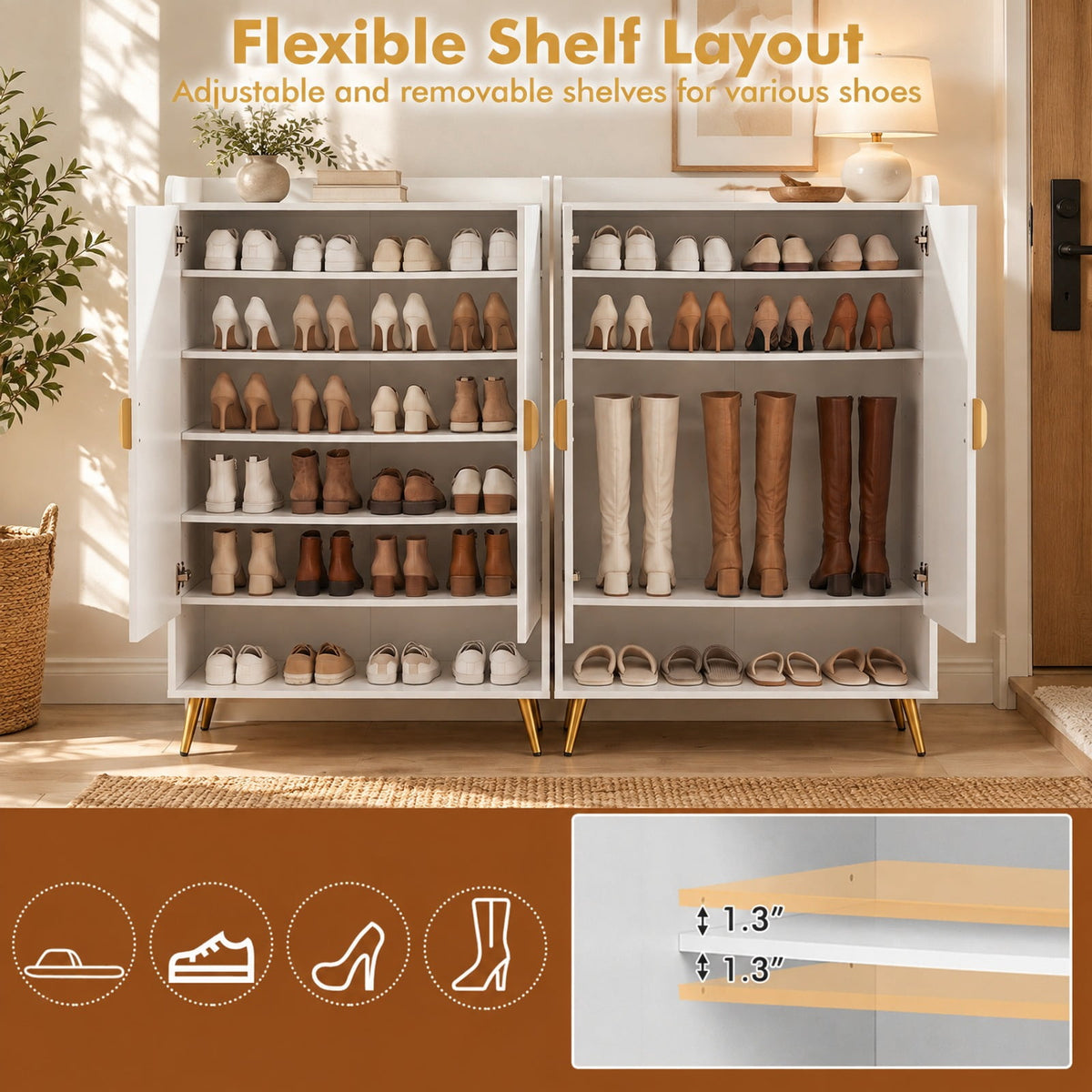 Airfind 44in Tall Shoe Storage Cabinet with 7-Tier Doors and Adjustable Shelves for Entryway, 110 lbs Capacity, Engineered Wood Metal Frame, White
