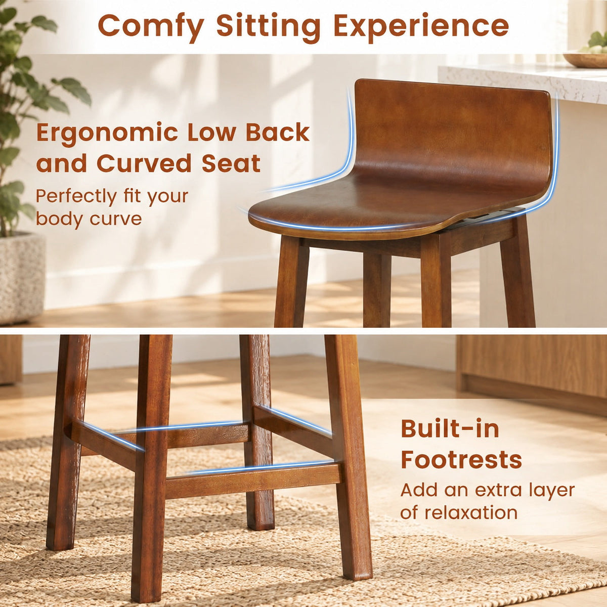 Airfind 24.5 Inch Swivel Wooden, Bar Stools Set of 2 with Rubber Wood Legs and Low Back, 350 lbs Capacity, Rubber Wood Plywood Frame, Walnut