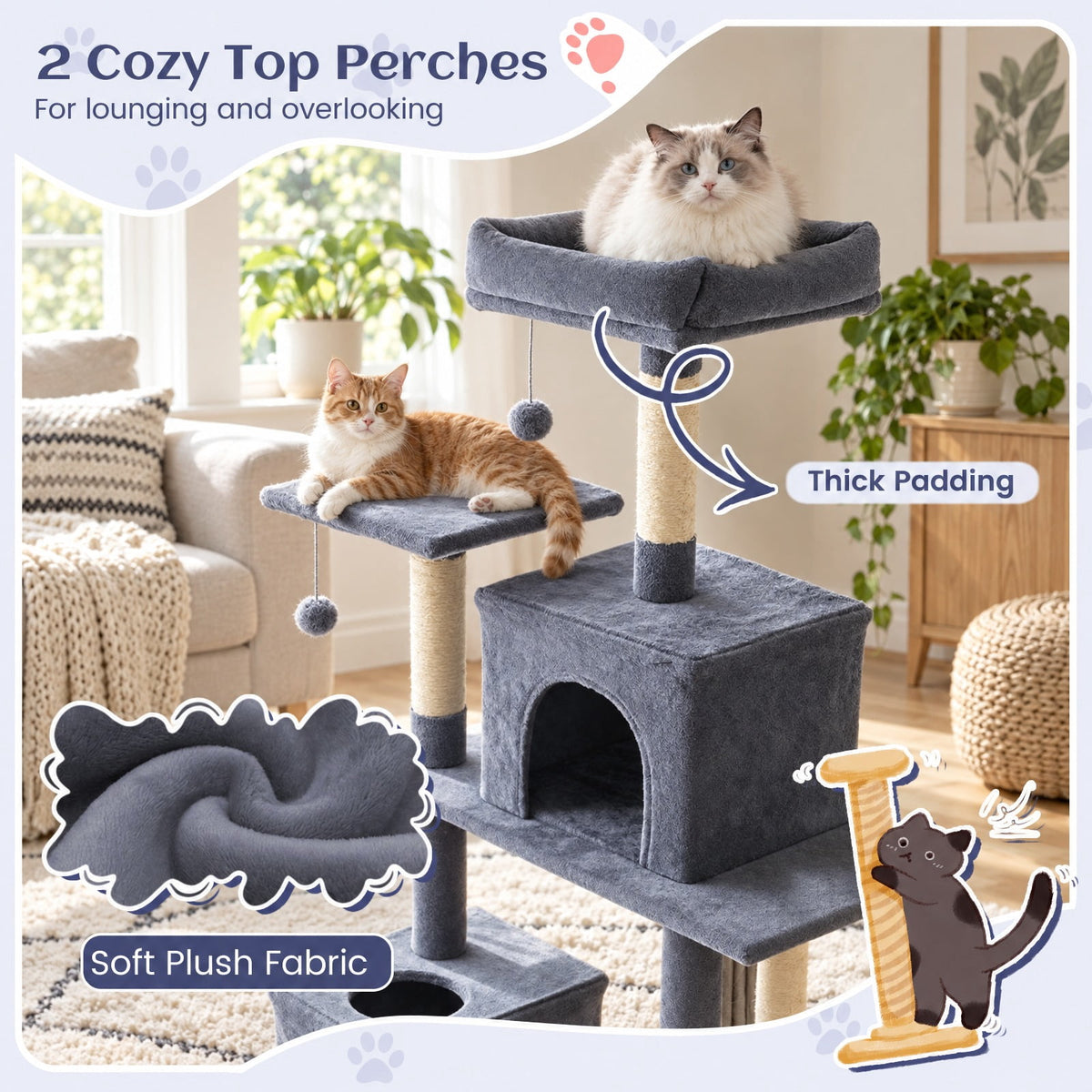 Airfind 80 Inches Tall Cat Tree with 2 Large Condos and Dangling Toys, 33 lbs Capacity, Engineered Board Sisal Plush Fabric Sponge Frame, Dark Gray