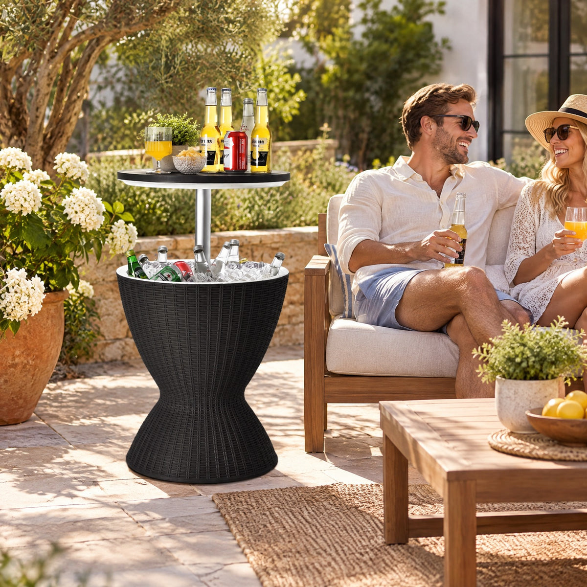 Airfind 3 in 1 8 Gallon Patio Rattan Cooler Bar Table with Adjust Ice Bucket, 165 lbs Capacity, PP Frame, Φ19 x 22.5 Footprint, Black