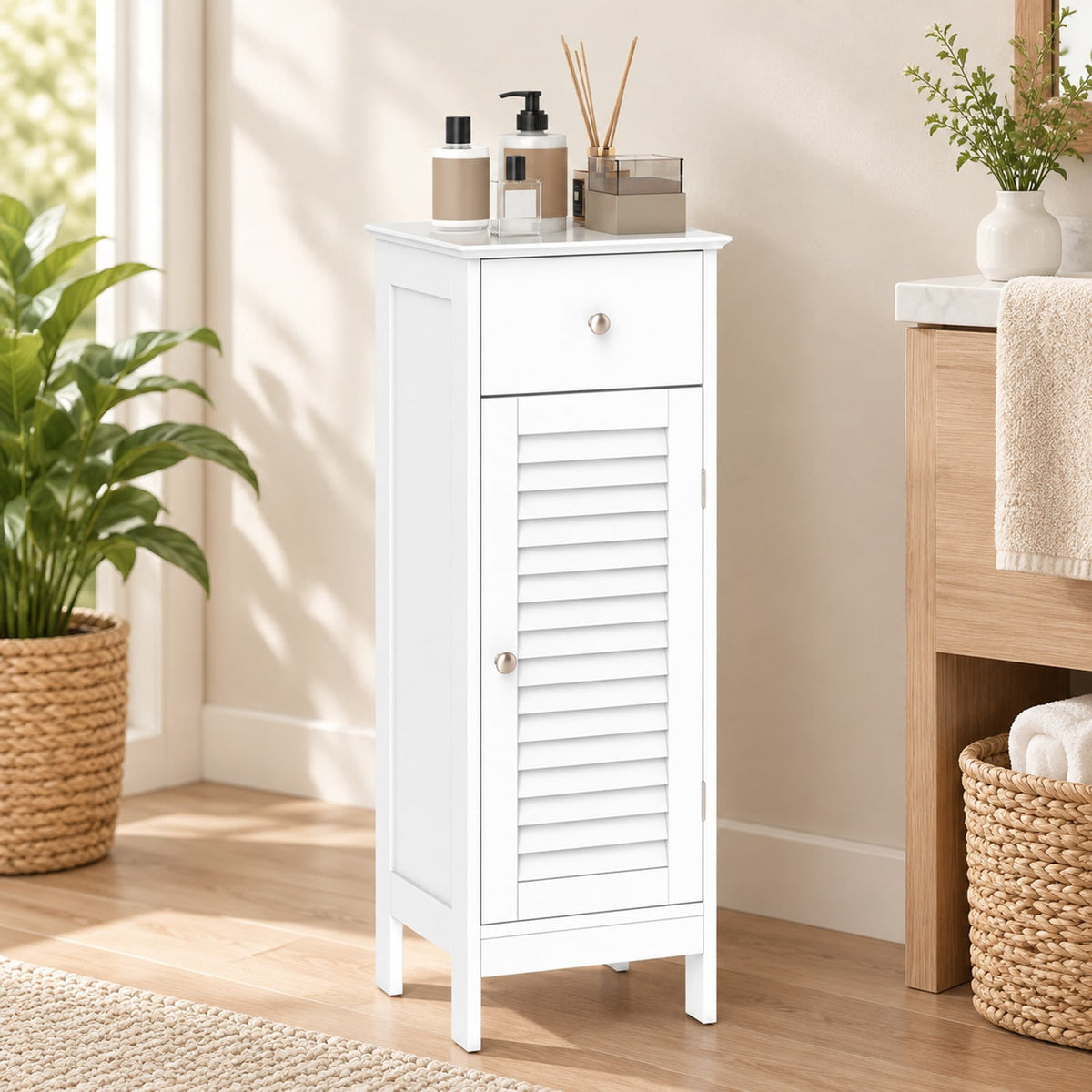 Airfind Narrow Bathroom Storage Cabinet with Adjustable Shelf and Drawer, 13in x 12in x 34.5inOverall Interior Footprint, White