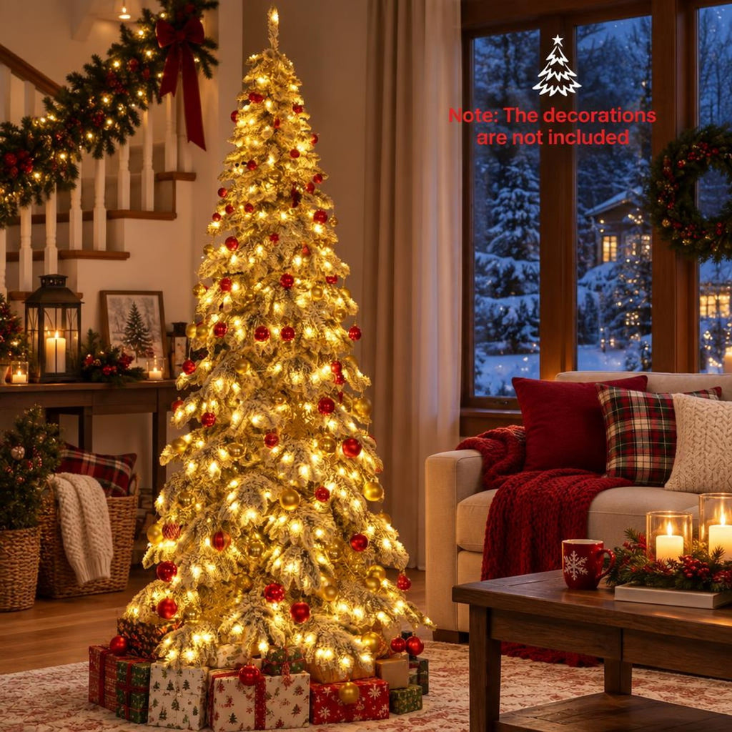 Airfind 9 Feet Pre-Lit Artificial Xmas Tree Hinged Xmas Tree with Quick Power Connectors, PVC Metal Frame, 4.4 x 9 ft Footprint, White