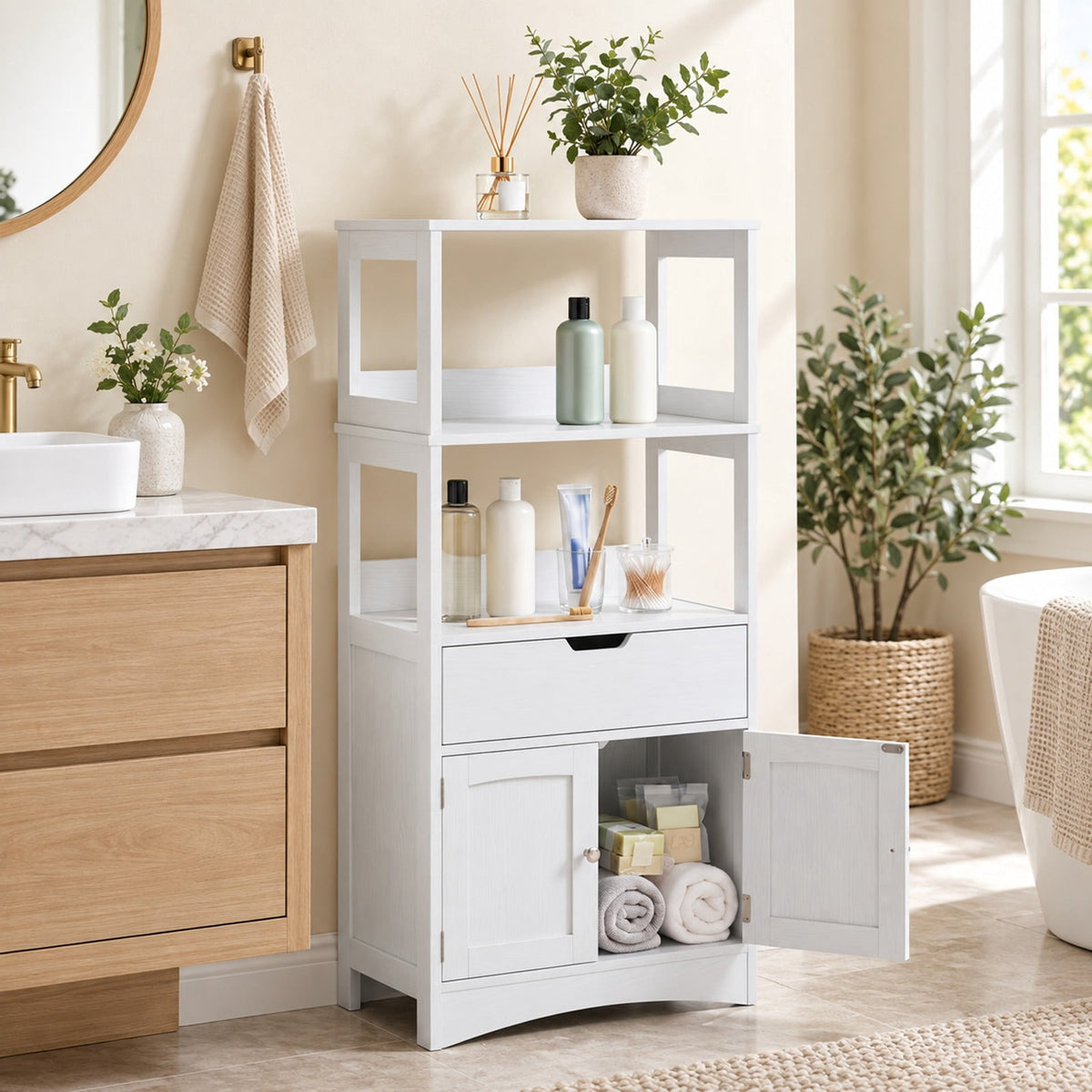 Airfind Bathroom Storage Cabinet with Open Shelves and Drawer, 110 lbs Capacity, Engineered Wood Frame, 24in x 13in x 48in Footprint, White