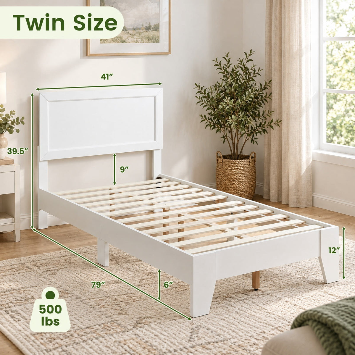 Airfind Twin Size Bed Frame with Headboard for Small Room No Box Spring Needed, 500 lbs Capacity, Engineered Wood Frame, White