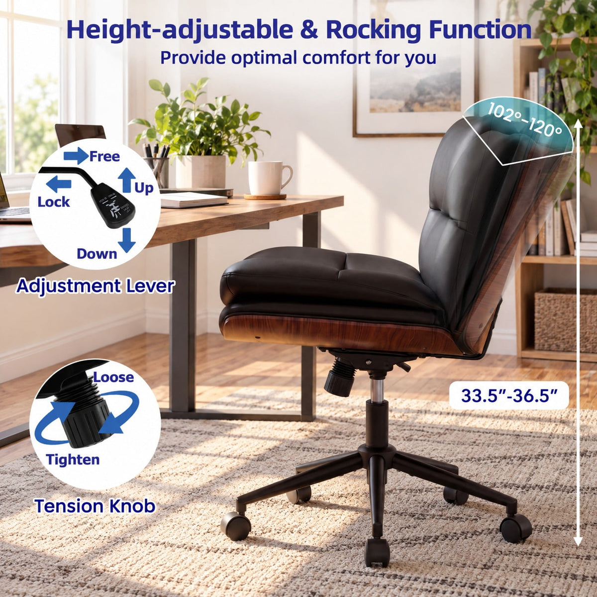 Airfind Armless Office Chair with Curved Backrest and Padded Seat, 245 lbs Capacity, Faux Leather Sponge Metal Plywood Frame, Black
