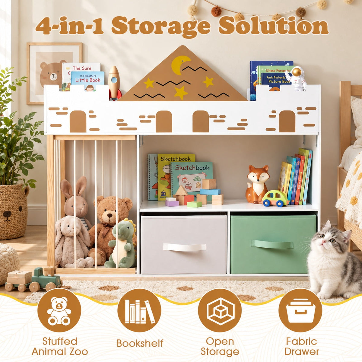 Airfind Toy Storage Organizer with Stuffed Animal Storage and Open Shelves, 35 lbs Capacity, Engineered Wood Pine Wood Cotton PP Frame, White