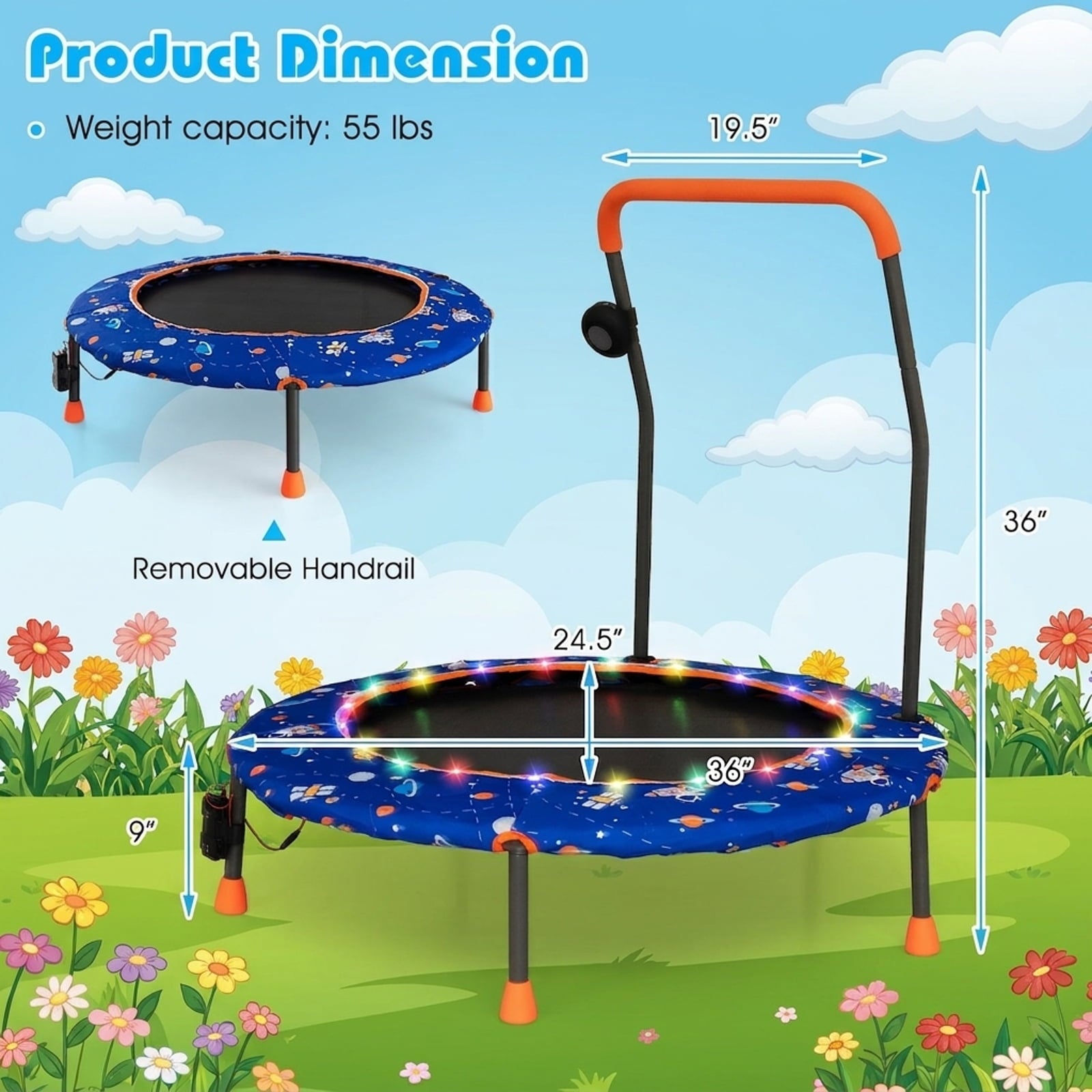 Airfind 36 Inch Mini Trampoline for Kids with LED Lights, Bluetooth