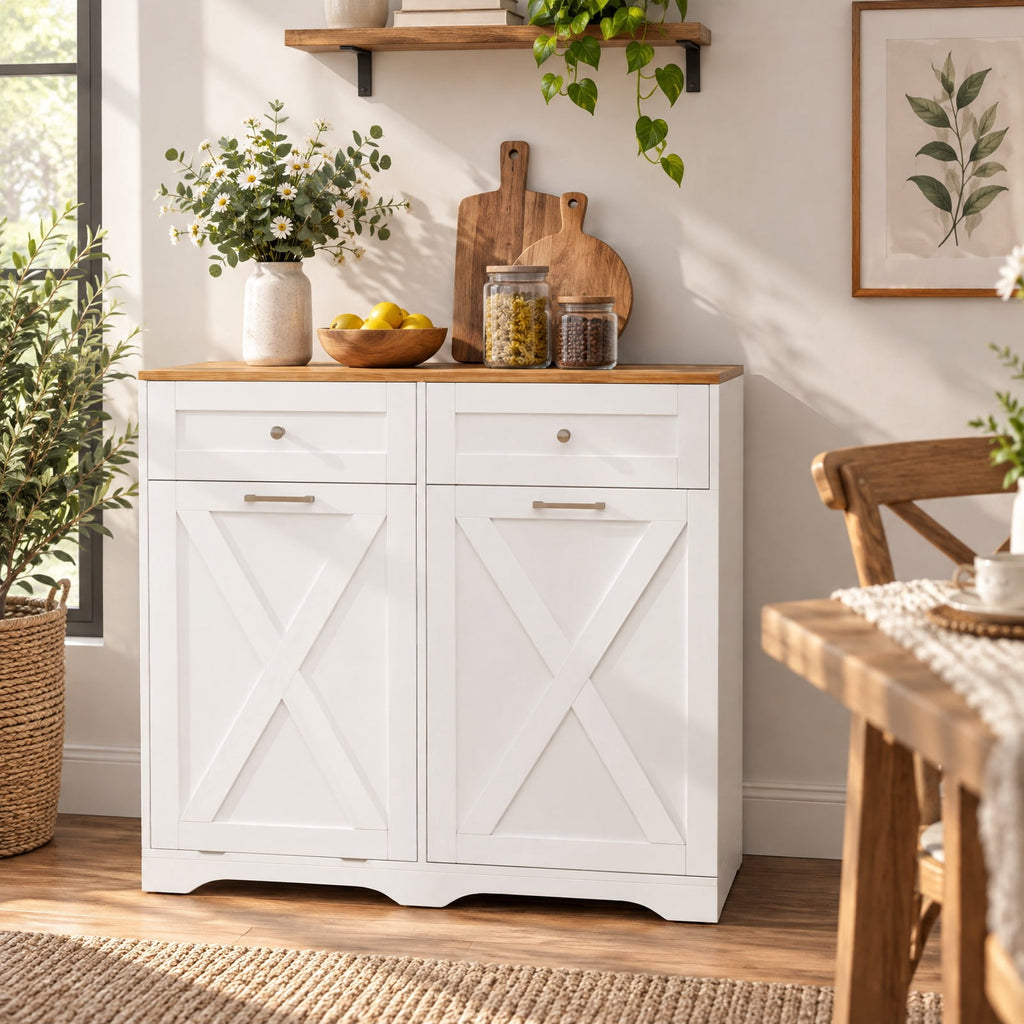 Airfind Tilt Out Trash Can Cabinet featuring Outlets and Adjustable Shelf, 100 lbs Countertop Capacity, MDF Engineered Wood Frame, White